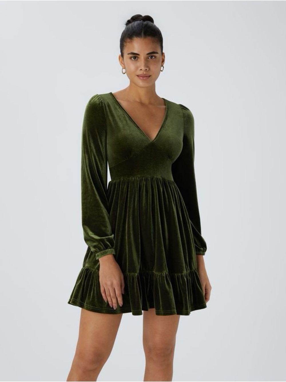 HALARA Olive Velvet V-Neck Long Sleeve Mini Dress